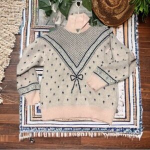 VTG Emblem Pink-Blue Bow Print Knit Sweater -CollarNeckline-Sz S -EUC-coquette